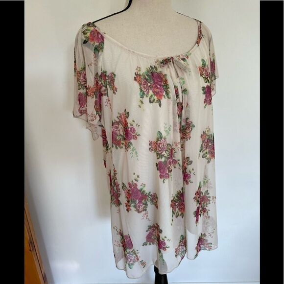 Agenda boho floral sheer lined, relaxed fit tie front lined top, size L - Picture 5 of 5